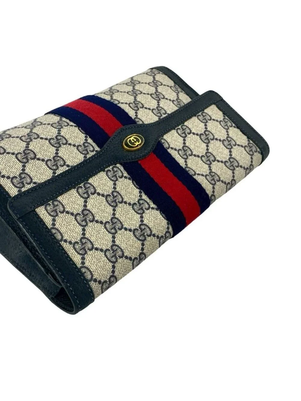 Gucci Vintage Sherry Line GG Logo Pattern Leather Clutch Navy